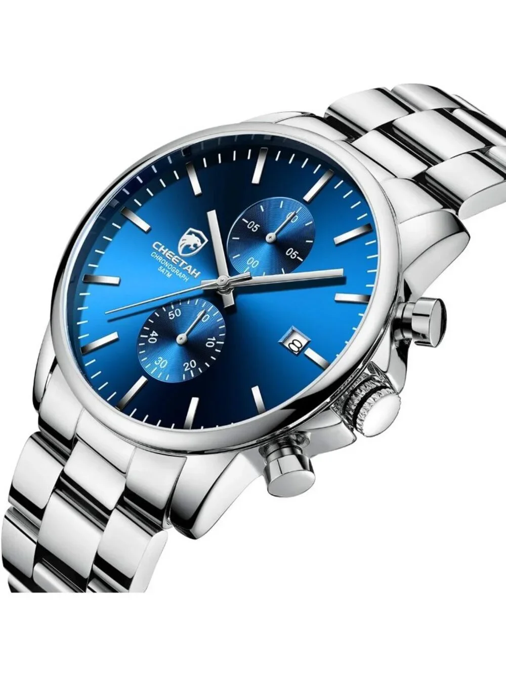 Men's Silver Blue Classic Stainless Steel Waterproof Chronograph Quartz Watch